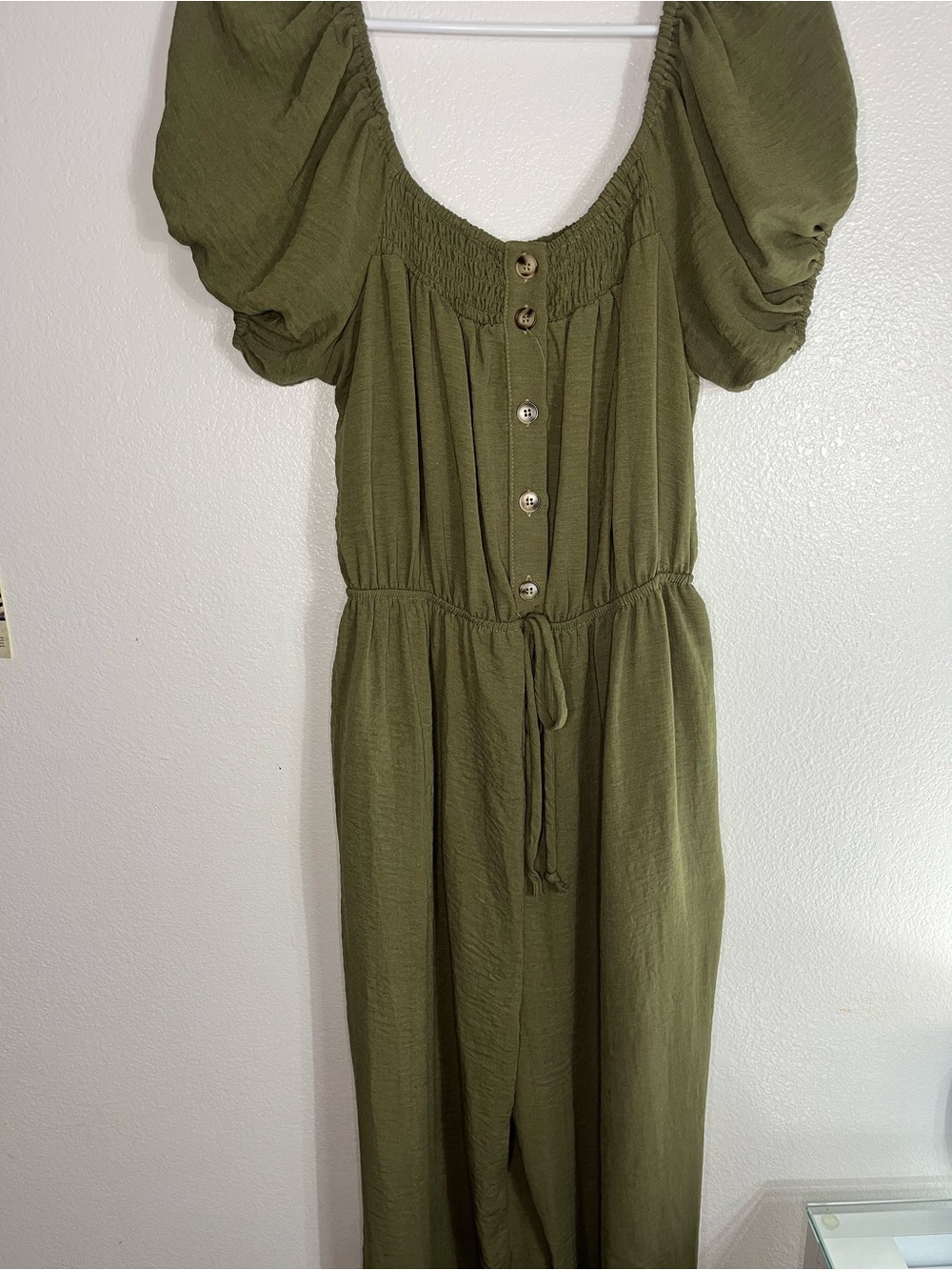 & Other Stories Olive Green Puff-Sleeve Button-Front Jumpsuit